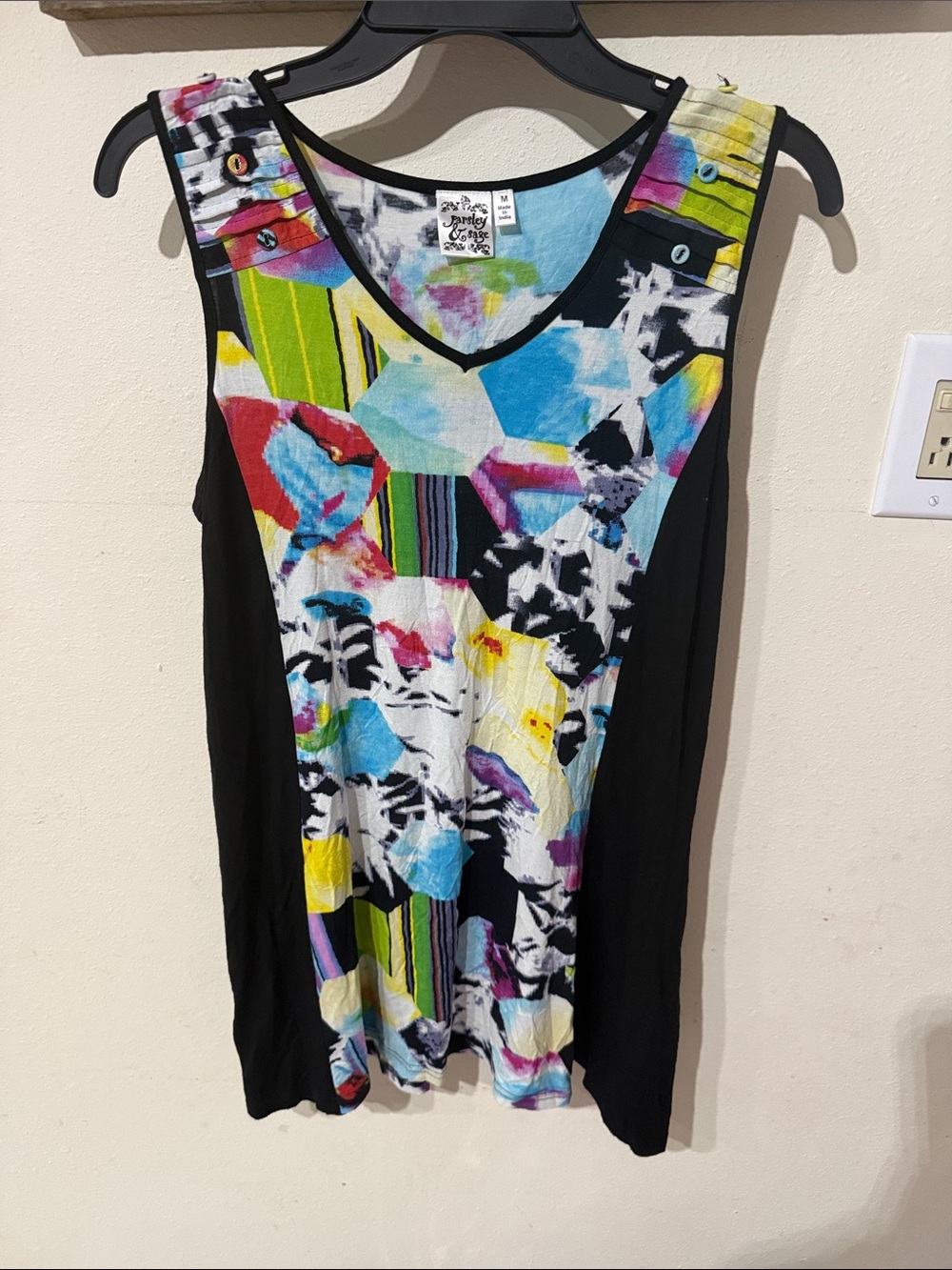 Parsley & Sage Black-Panel Tank with Multicolor Geo Print